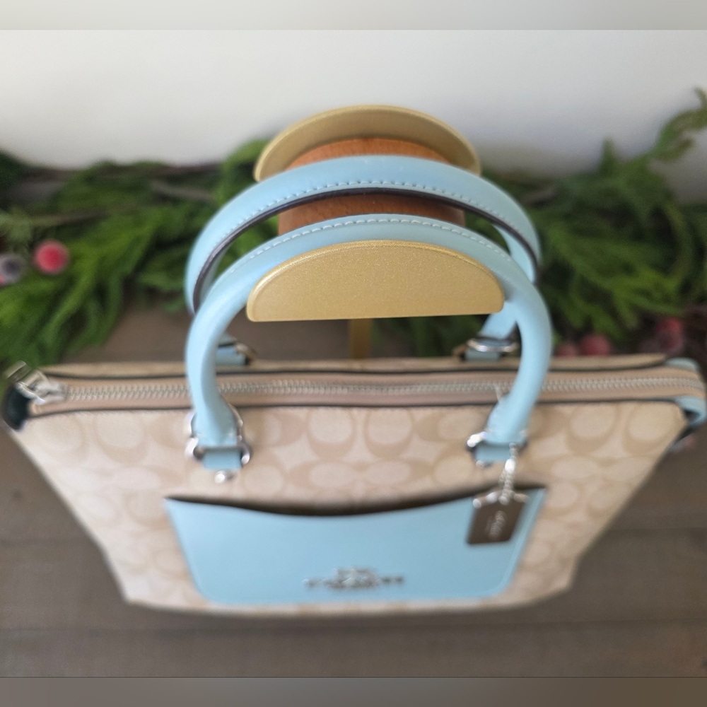 Coach Emma Satchel Crossbody Signature Coated Canvas Light Blue Leather Accents - Picture 4 of 15